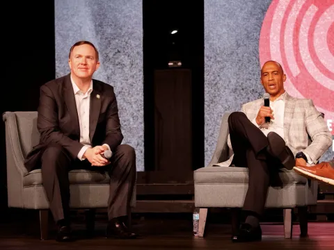 Congressman Brian Jack and Secretary Scott Turner speaking to congregants at Christ Chapel