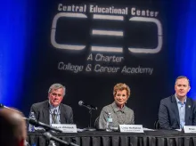 Congressman Brian Jack, U.S. Secretary of Education Linda McMahon, and Central Educational Center CEO Mark Whitlock participate in a roundtable discussion on education and workforce development.